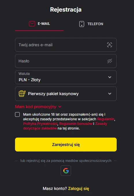 Menu rejestracji